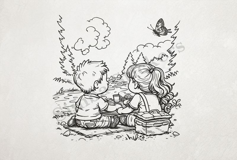 Boy and girl  having a picnic by the river bank, outline art