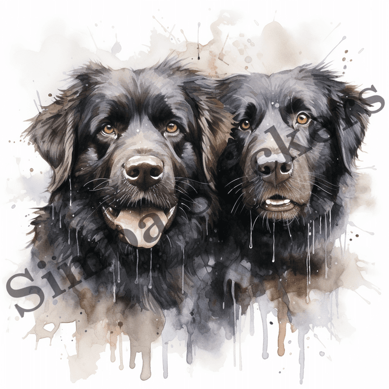 Newfoundland dogs wet in the rain, watercolour, image set, 10 images