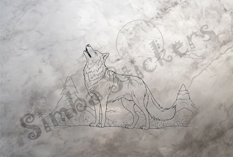 Wolf howling at the moon, outline art