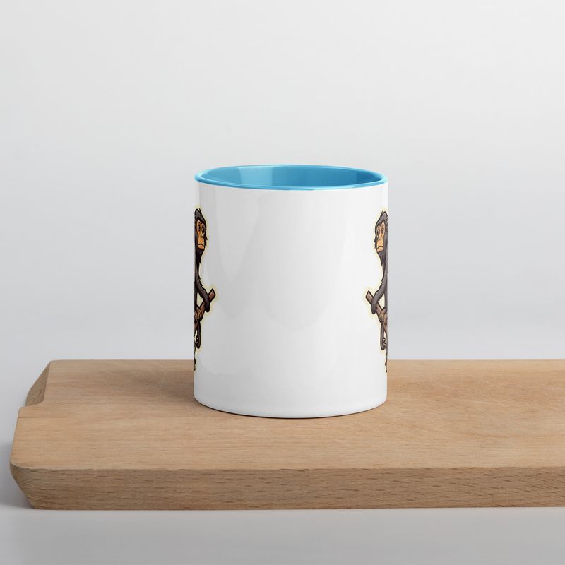 White Ceramic Mug with Color Inside, 11oz &amp; 15oz, Baboon on a tree, looking sad, head-to-head