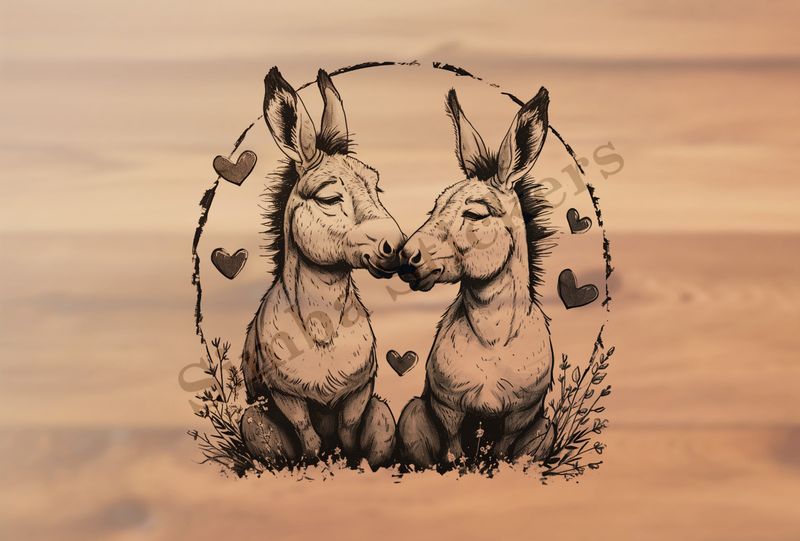 Donkeys in love, nose-to-nose, sitting, circle of love, outline art