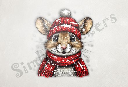 Mouse wearing red winter hat and scarf in the snow