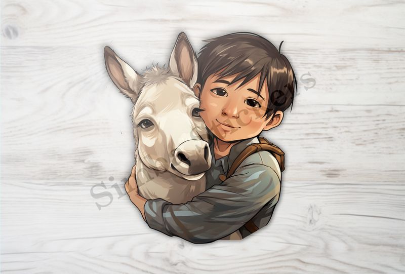 Donkey hugged by small child of Asian origin