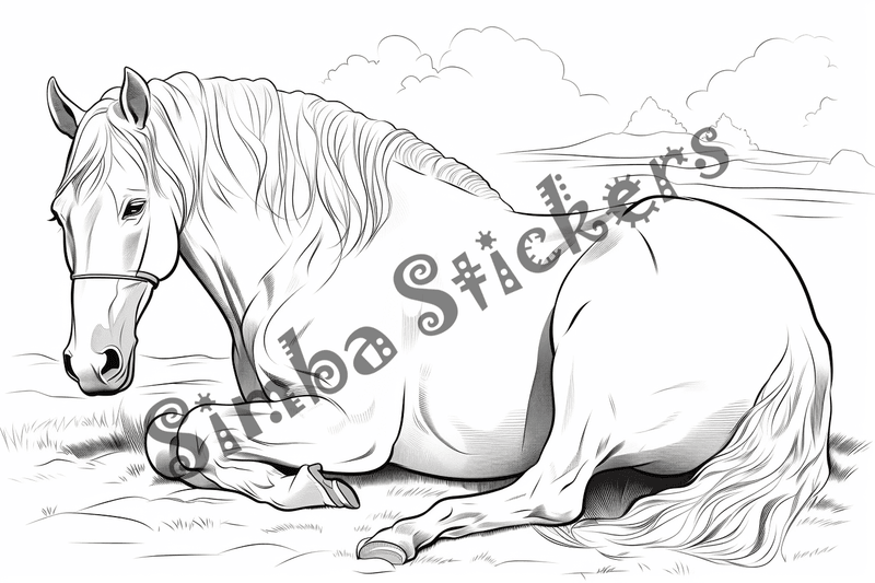 Colouring pages, bundle of horses on stomach, 10 images