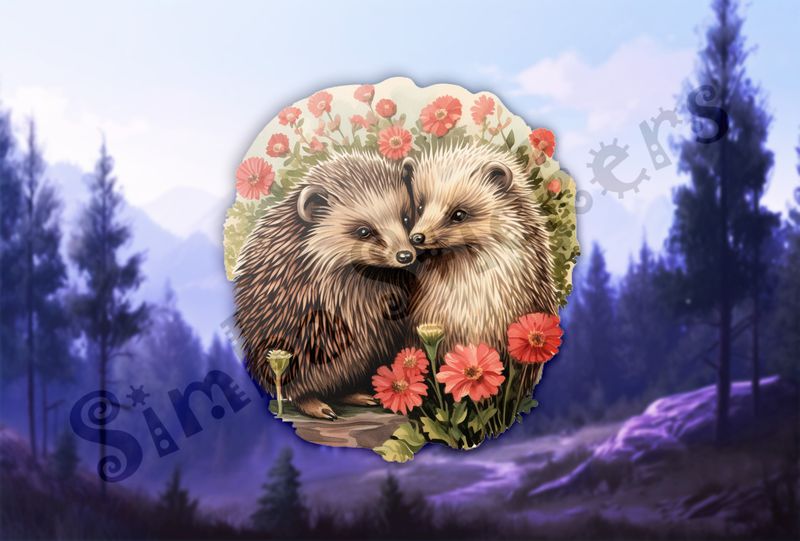Porcupines in love cheek-to-cheek in love with flowers all around, watercolour