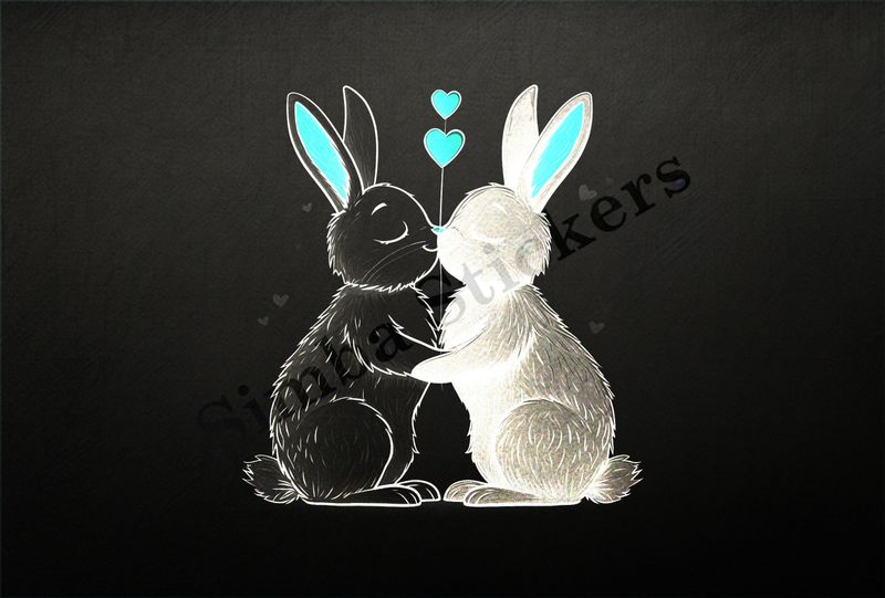 Bunnies in love, nose-to-nose, one black, one white, outline art
