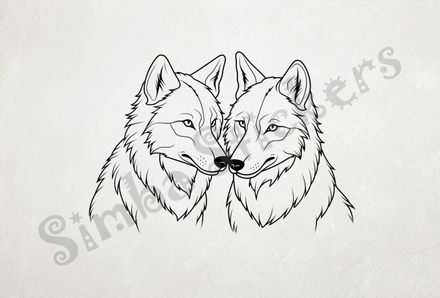 Wolves nose-to-nose in love, outline art