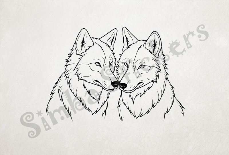 Wolves nose-to-nose in love, outline art