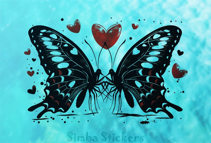 Butterflies in love touching, Valentine&#x27;s hearts above, outline art, njrsnk