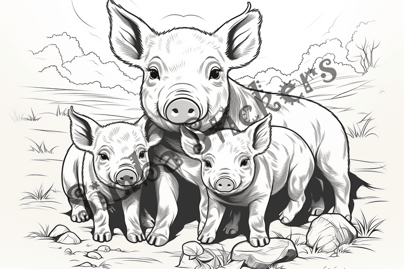 Colouring pages, bundle of pigs, 25 images