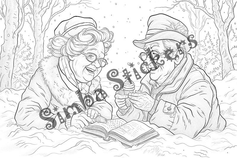 Colouring pages, bundle of people, grandparents in love at picnic, 25 images