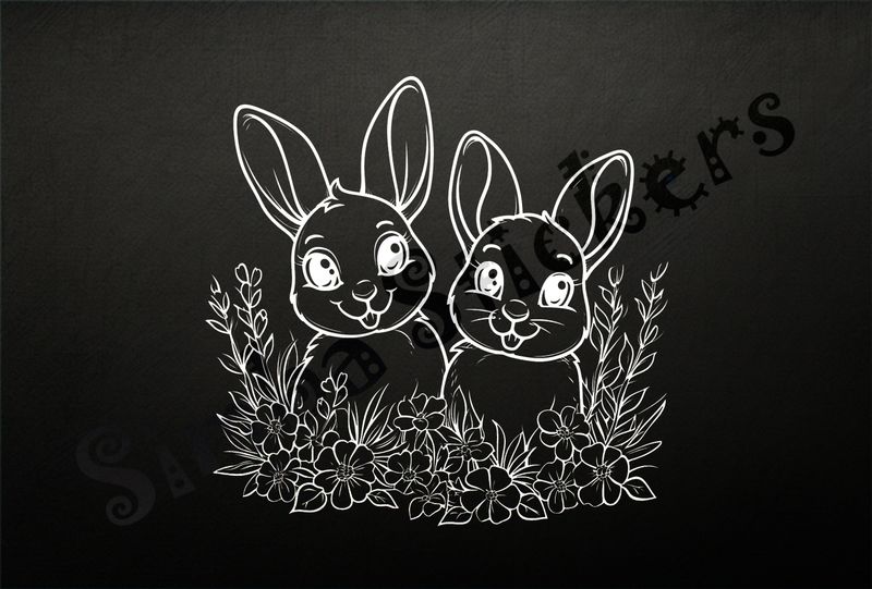 Hares behind flowers, outline art