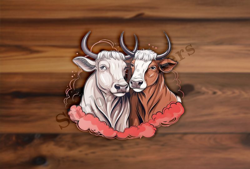 Bull and cow, romantic, reddish clouds, qoucds