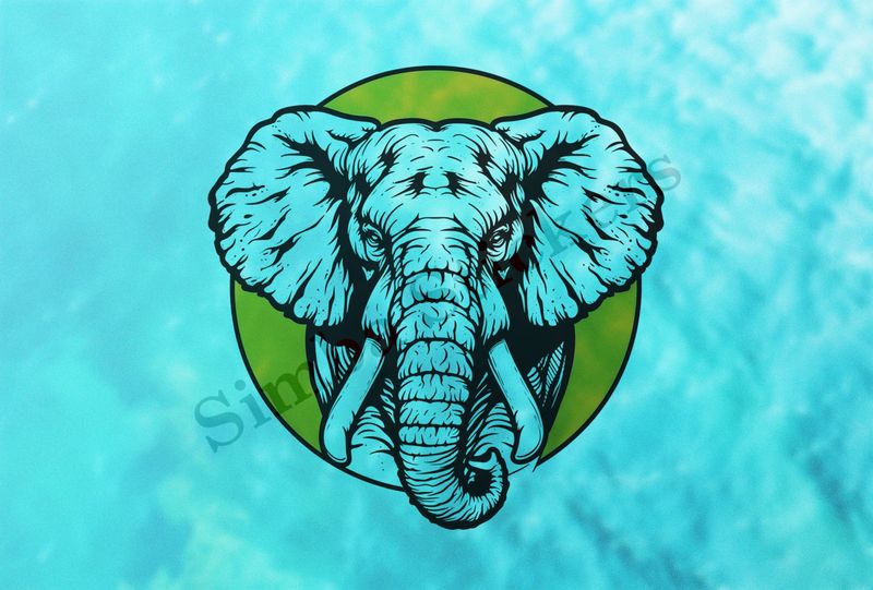 Elephant, front view in yellow circle, outline art