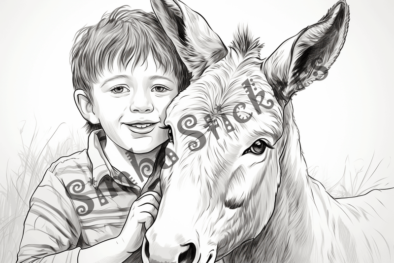 Colouring pages, bundle of donkeys with children, 10 images
