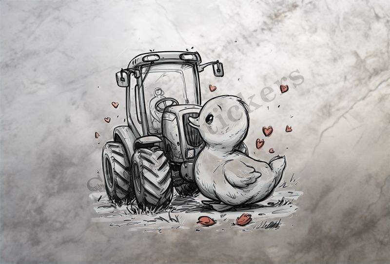 Duckling glancing lovingly at farmer&#x27;s tractor, outline art