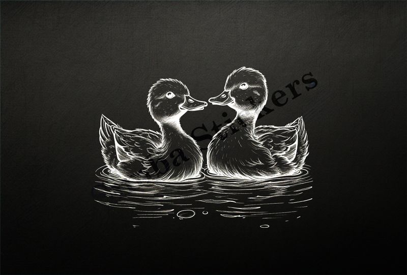 Ducks beak-to-beak in a pond, outline art