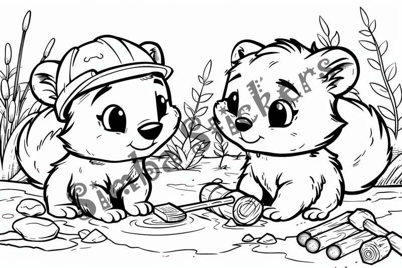 Colouring pages, bundle of beavers building in hard hat, 10 images