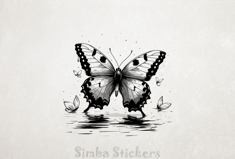 Butterfly floating above a river, outline art, nfoo3h