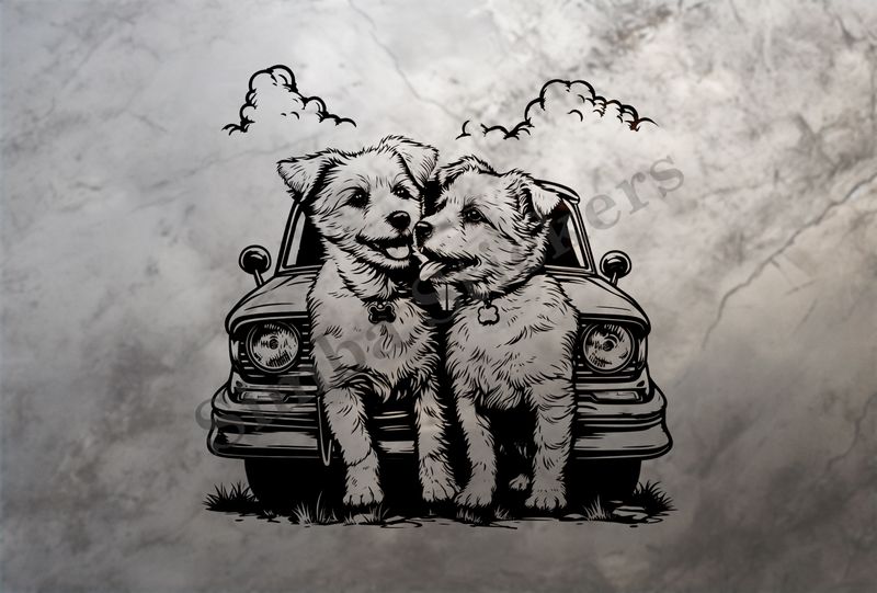 Dogs in love sitting in front of a car, outline art