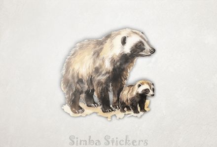Honey Badger mother standing over child, watercolour, hj6foc