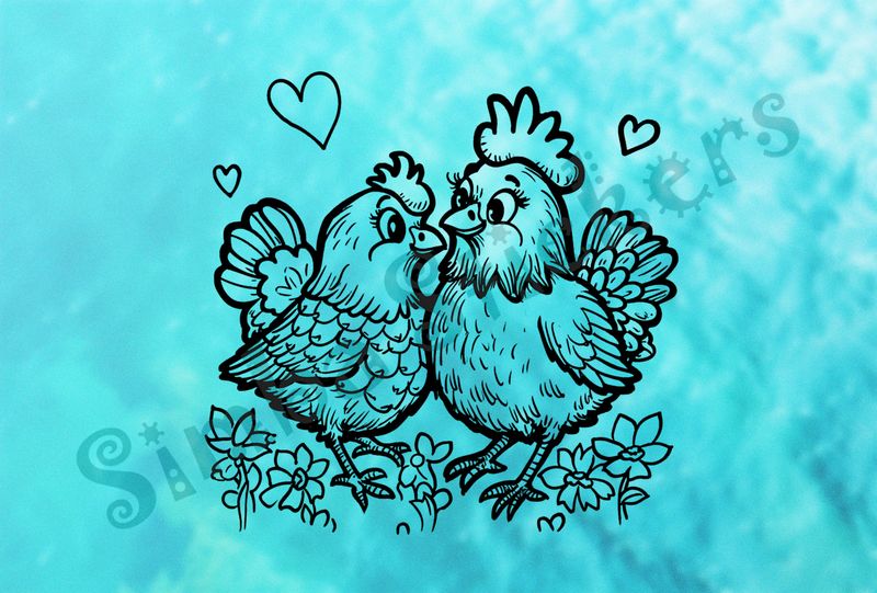 Rooster and hen chicken in love, romantic hearts, outline art
