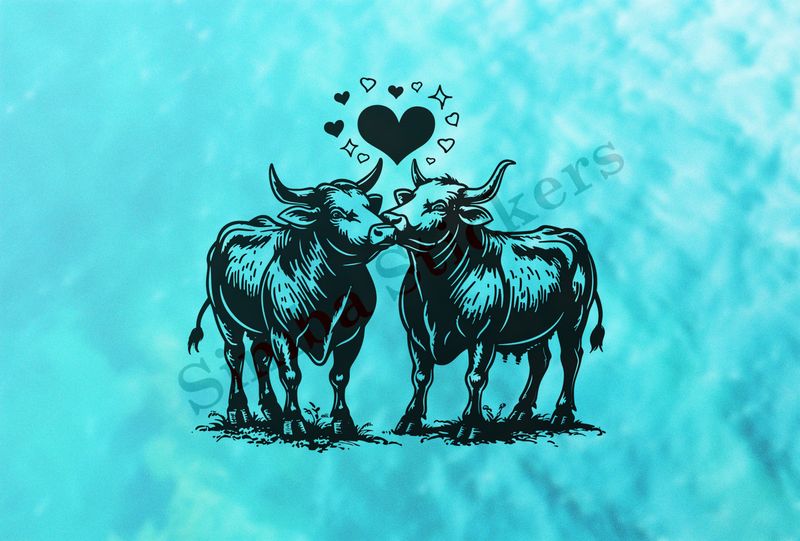 Cattle,  bull and cow in love , standing in the grass, outline art