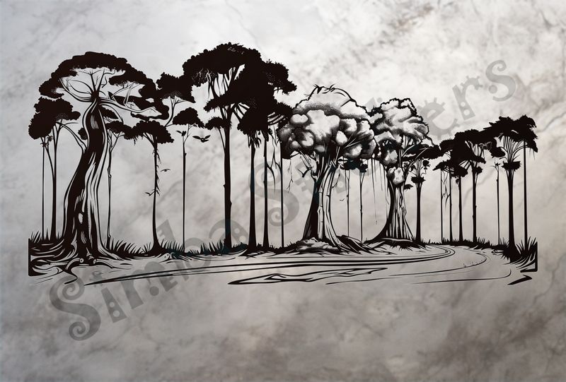 Equatorial Rainforest landscape, tall trees and winding road, outline art
