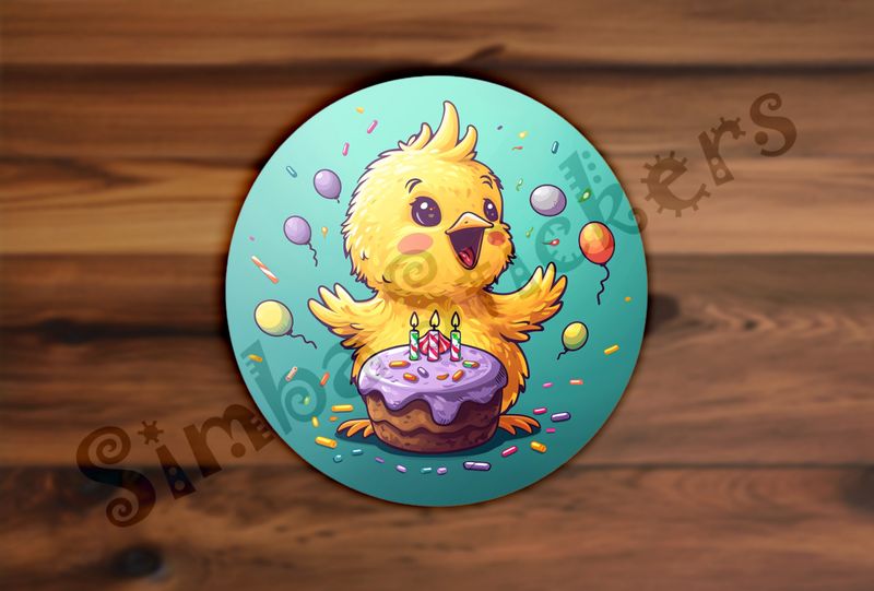 Jubilant Chick behind birthday cake with candles