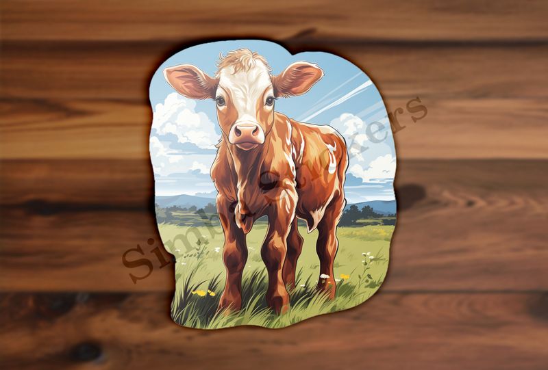 Cattle calf in a field of grass under cloudy sky