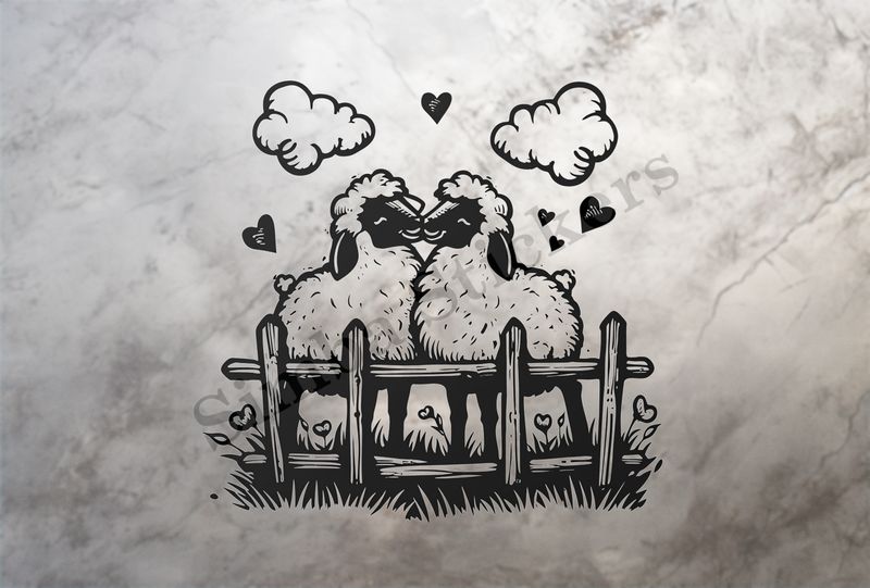 Sheep in love behind a fence, under clouds, outline art