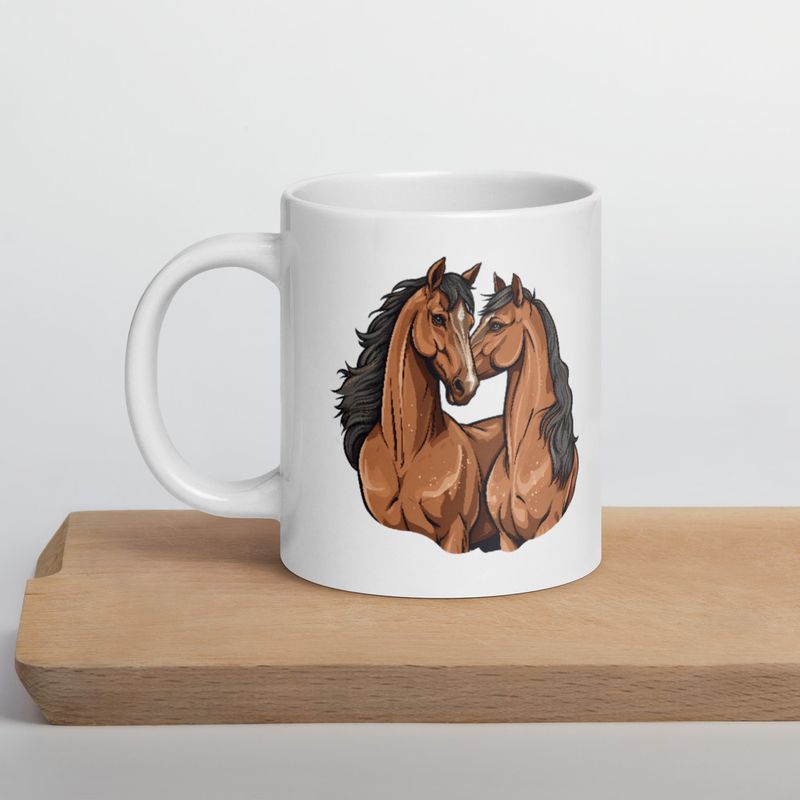 White Glossy Mug, 20oz, Two brown horses snuggling, tdwcyd