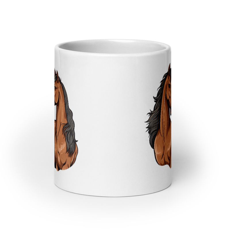 White Glossy Mug, 20oz, Two brown horses snuggling, tdwcyd