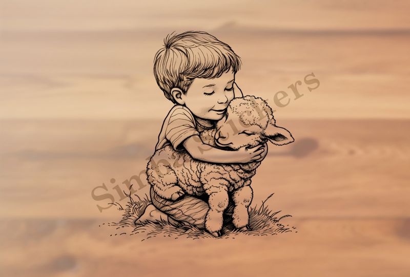 Sheep lamb hugged by a small boy , outline art