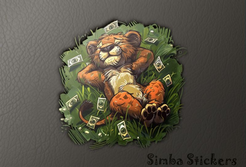 Simba Lion cub lying in satisfaction on grass with money around, uqhqc8