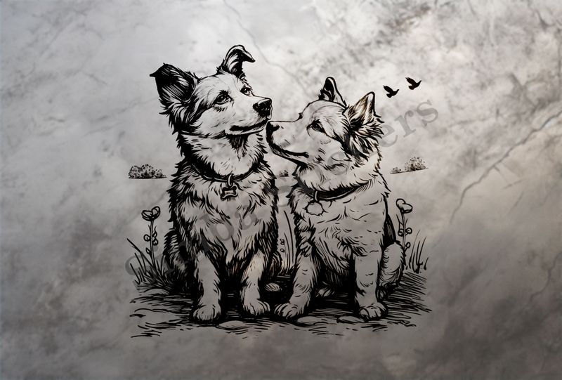 Dogs in love in the countryside, outline art, pms3lj