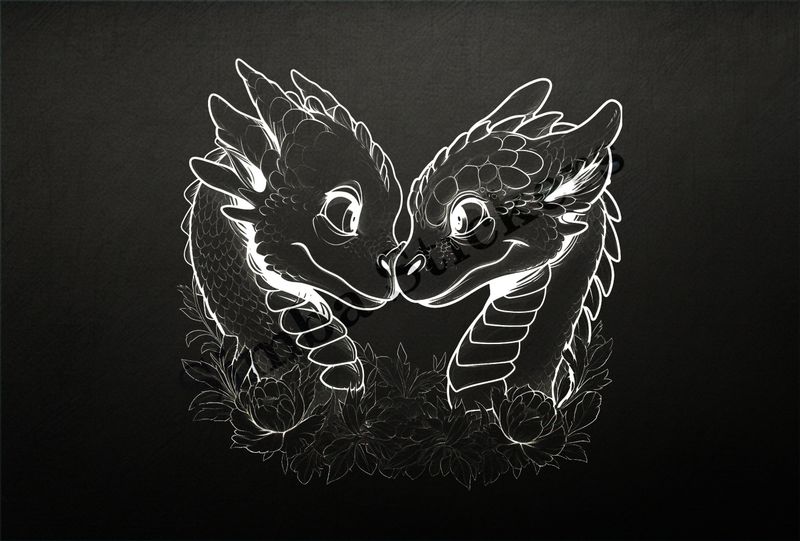 Cute dragons nose-to-nose in love,  outline art