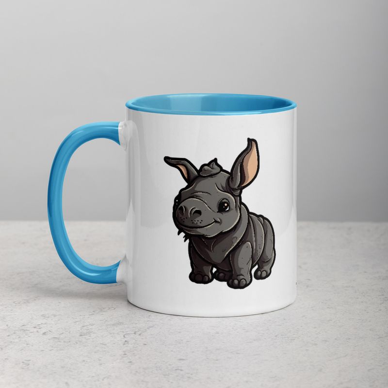 White Ceramic Mug with Color Inside, 11oz &amp; 15oz, Black rhino calf looking cute 