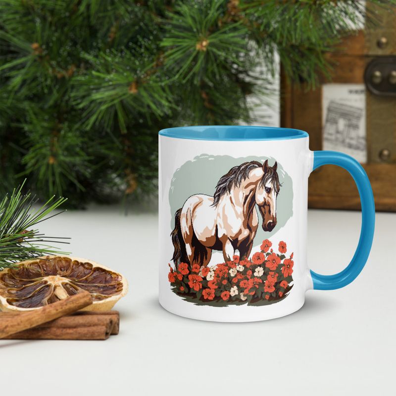 White Ceramic Mug with Color Inside, 11&amp;15oz, Brown horse in field of red flowers, n4w2fj