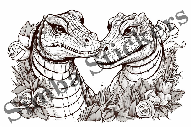 Colouring pages, Bundle of crocodiles in love, 10 images