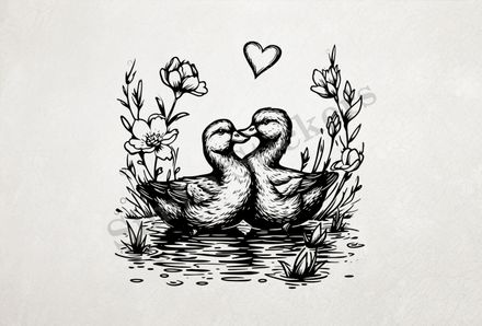 Ducks in love in a pond, outline art