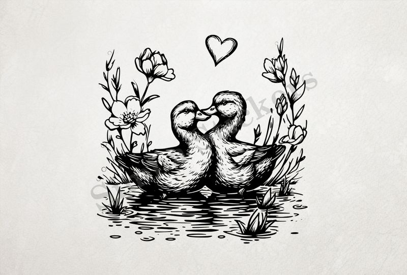 Ducks in love in a pond, outline art