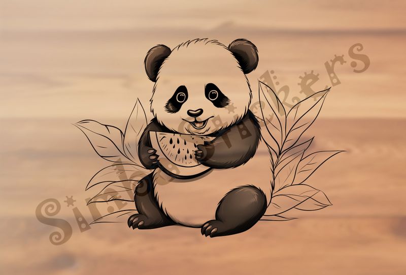 Panda happy holding watermelon, outline art, 9tbptt
