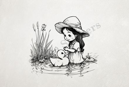 Small girl approaching duckling in a pond, outline art
