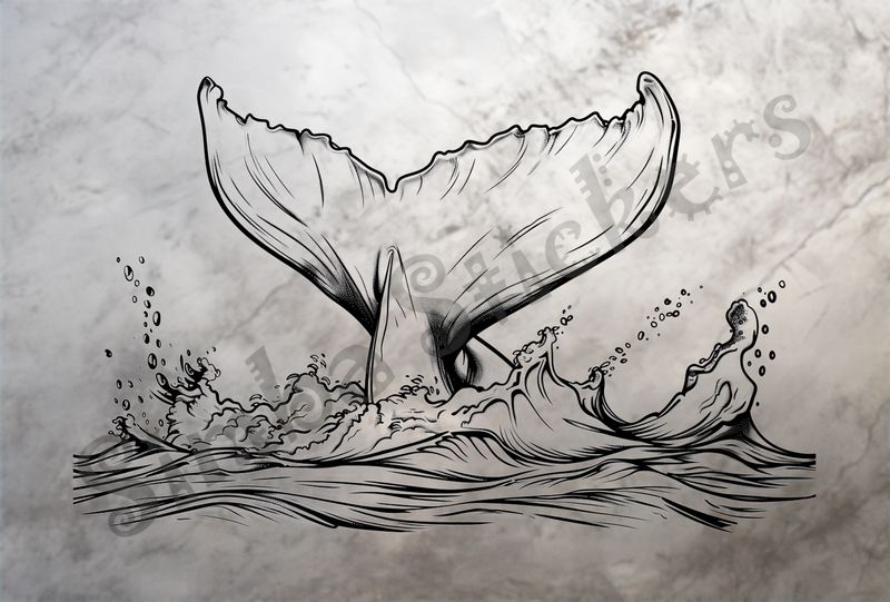 Whale lobtailing, making a big splash, outline art