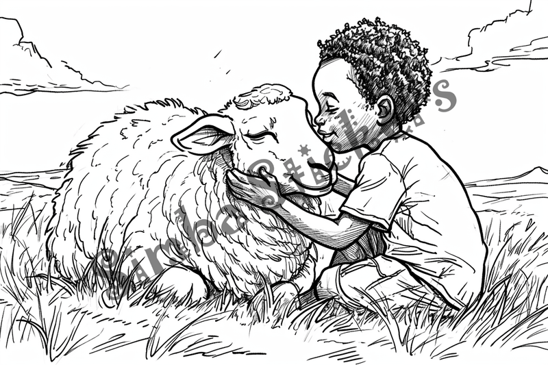 Colouring pages, bundle of sheep hugged by child, 10 images