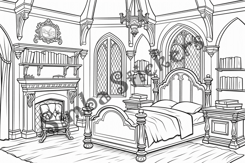 Colouring pages, bundle of house bedrooms, complex, 10 images