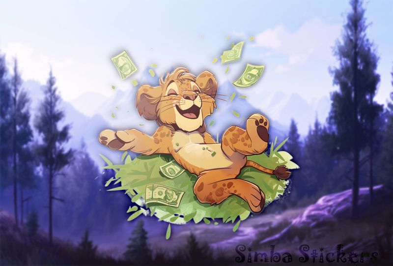 Simba Lion cub happily lifting leg up in flying money
