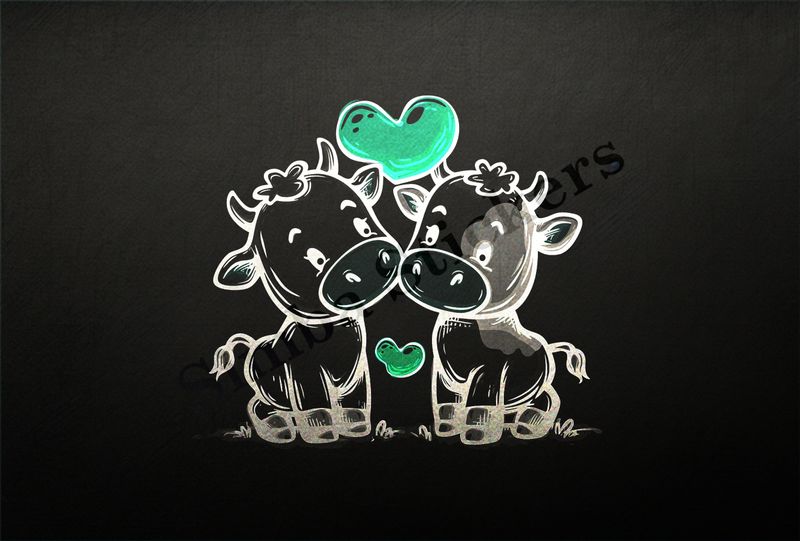 Cattle, bull and cow in love, playful , hearts in picture, outline art