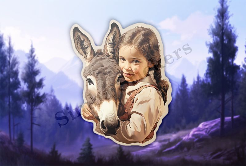 Donkey held by small girl of European origin iin cowgirlish clothes